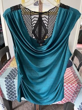 AB Studio Teal Cowl Tank with Black Lace Back